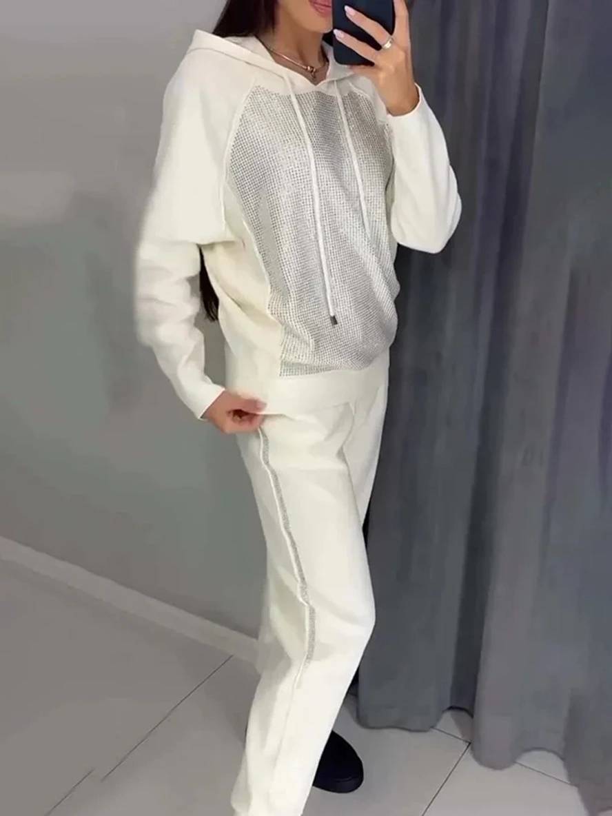 Levoire | Costumes Sets Avec Sweatshirt À Capuche Poches Manches Longues Femmes Sport Simple Décontracté Deux Pièces Blanc