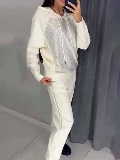 Levoire | Costumes Sets Avec Sweatshirt À Capuche Poches Manches Longues Femmes Sport Simple Décontracté Deux Pièces Blanc