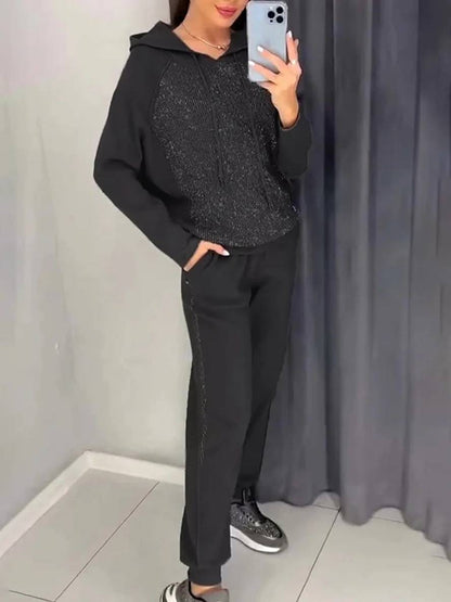 Levoire | Costumes Sets Avec Sweatshirt À Capuche Poches Manches Longues Femmes Sport Simple Décontracté Deux Pièces Noir