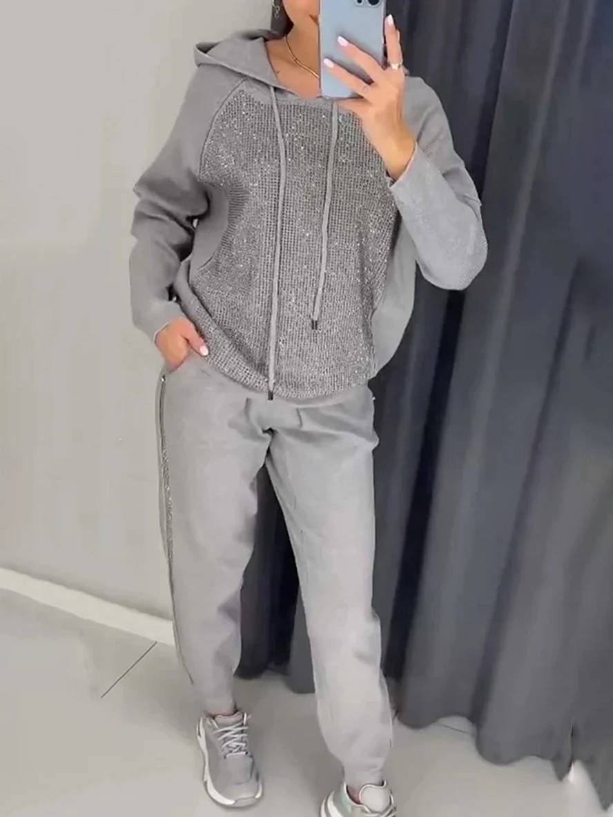 Levoire | Costumes Sets Avec Sweatshirt À Capuche Poches Manches Longues Femmes Sport Simple Décontracté Deux Pièces Gris