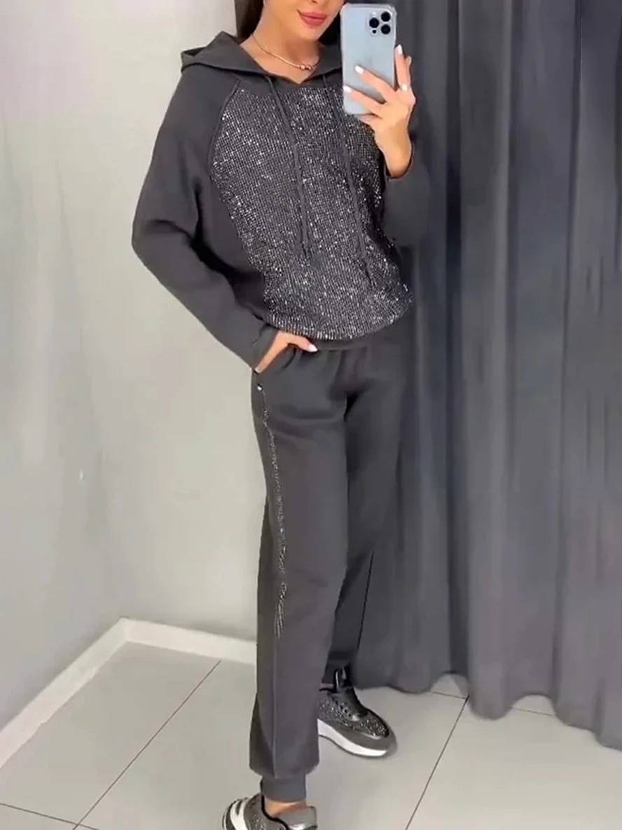 Levoire | Costumes Sets Avec Sweatshirt À Capuche Poches Manches Longues Femmes Sport Simple Décontracté Deux Pièces Gris foncé