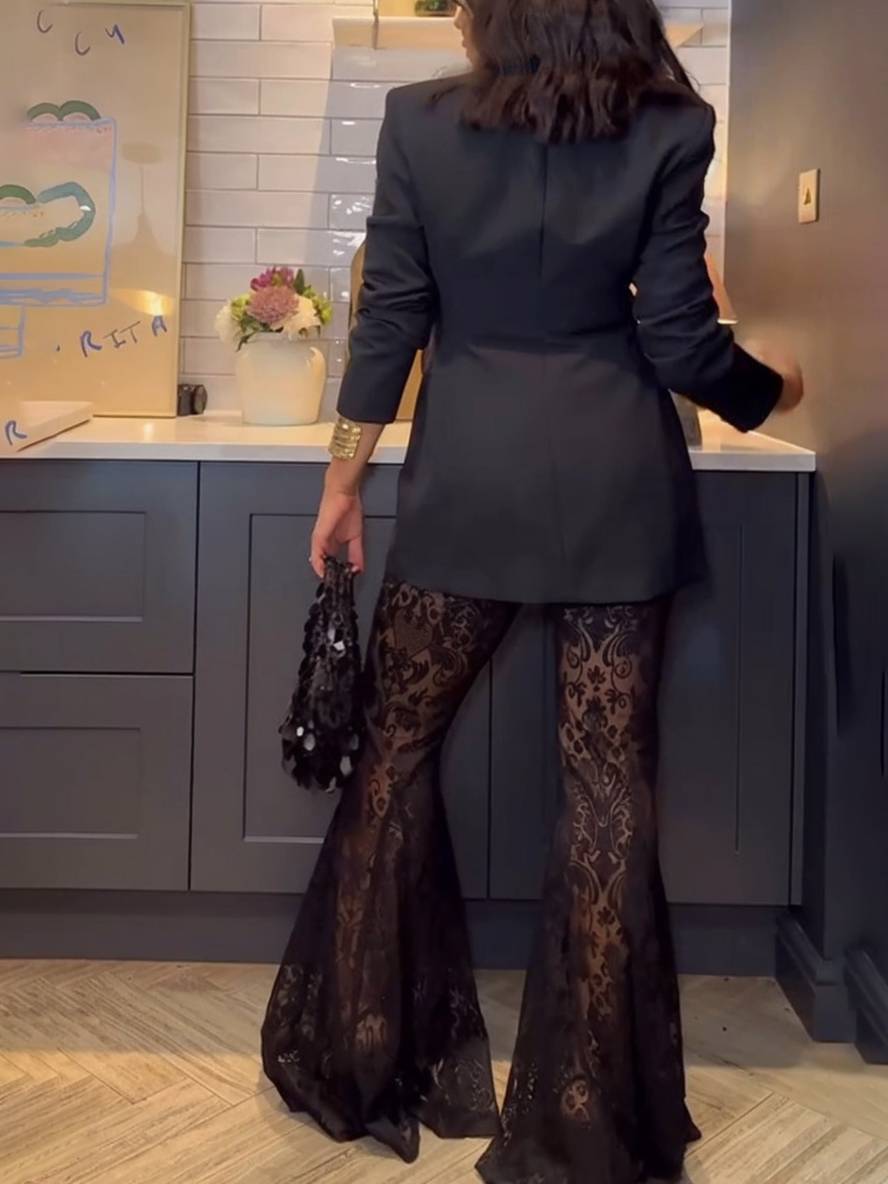 Levoire | Tenues Avec Pantalons Évasés En Dentelle Col En V Boutonnière Poches Blazer Femme Élégant Style De Costume