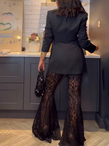 Levoire | Tenues Avec Pantalons Évasés En Dentelle Col En V Boutonnière Poches Blazer Femme Élégant Style De Costume