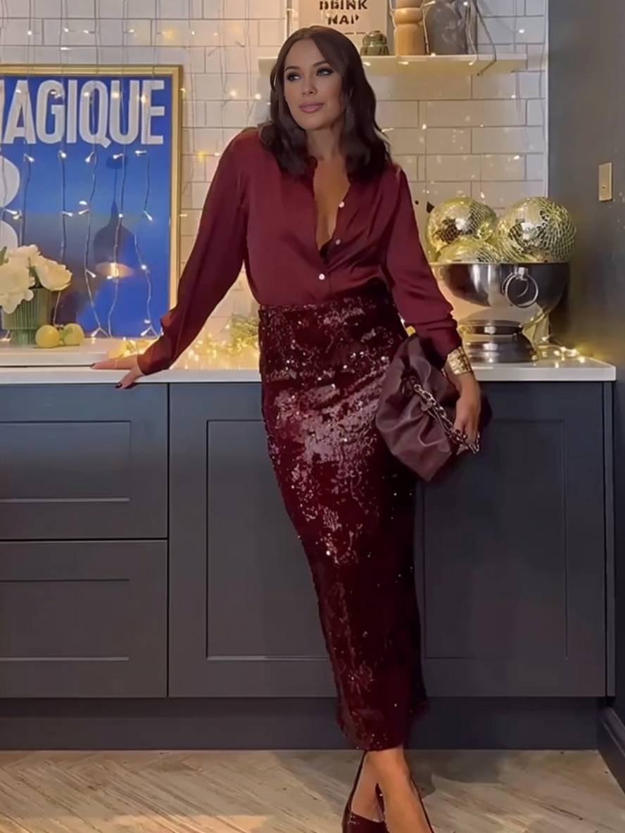 Levoire | Ensemble Avec Paillettes Brillantes Jupe Fendue Chemisier Boutonné Chemise À Manches Longues Femme Style Tailleur Deux Pièces Bordeaux
