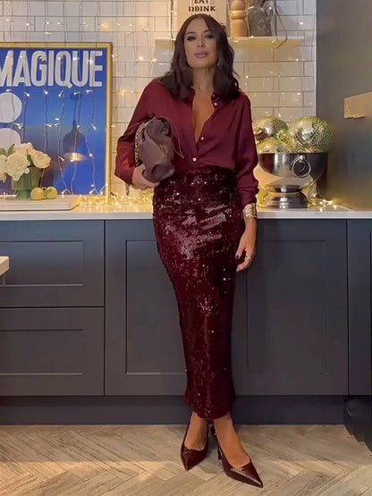 Levoire | Ensemble Avec Paillettes Brillantes Jupe Fendue Chemisier Boutonné Chemise À Manches Longues Femme Style Tailleur Deux Pièces