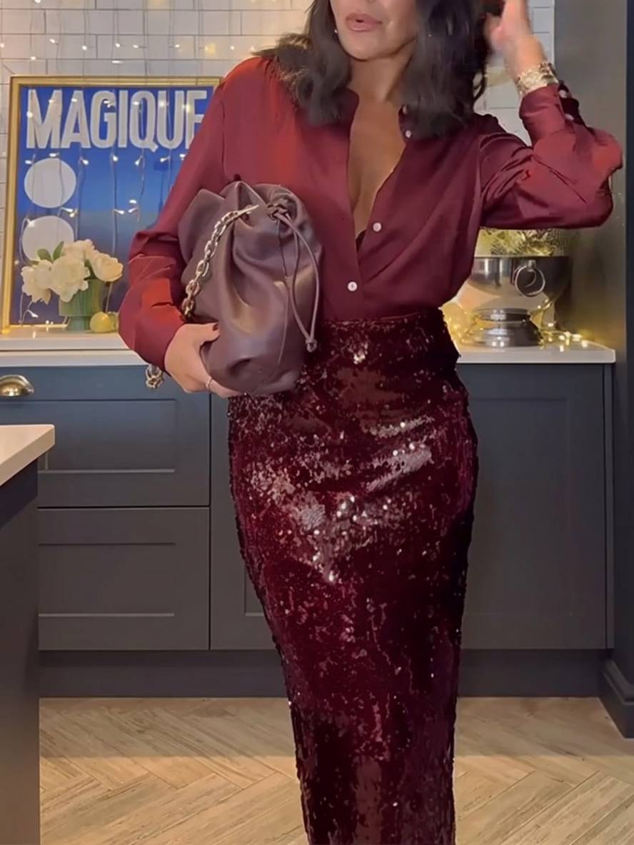 Levoire | Ensemble Avec Paillettes Brillantes Jupe Fendue Chemisier Boutonné Chemise À Manches Longues Femme Style Tailleur Deux Pièces