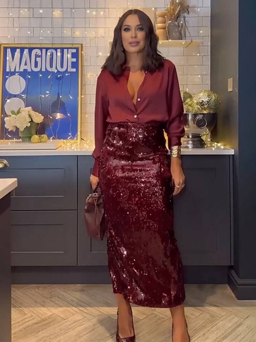 Levoire | Ensemble Avec Paillettes Brillantes Jupe Fendue Chemisier Boutonné Chemise À Manches Longues Femme Style Tailleur Deux Pièces