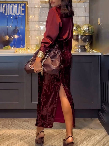 Levoire | Ensemble Avec Paillettes Brillantes Jupe Fendue Chemisier Boutonné Chemise À Manches Longues Femme Style Tailleur Deux Pièces