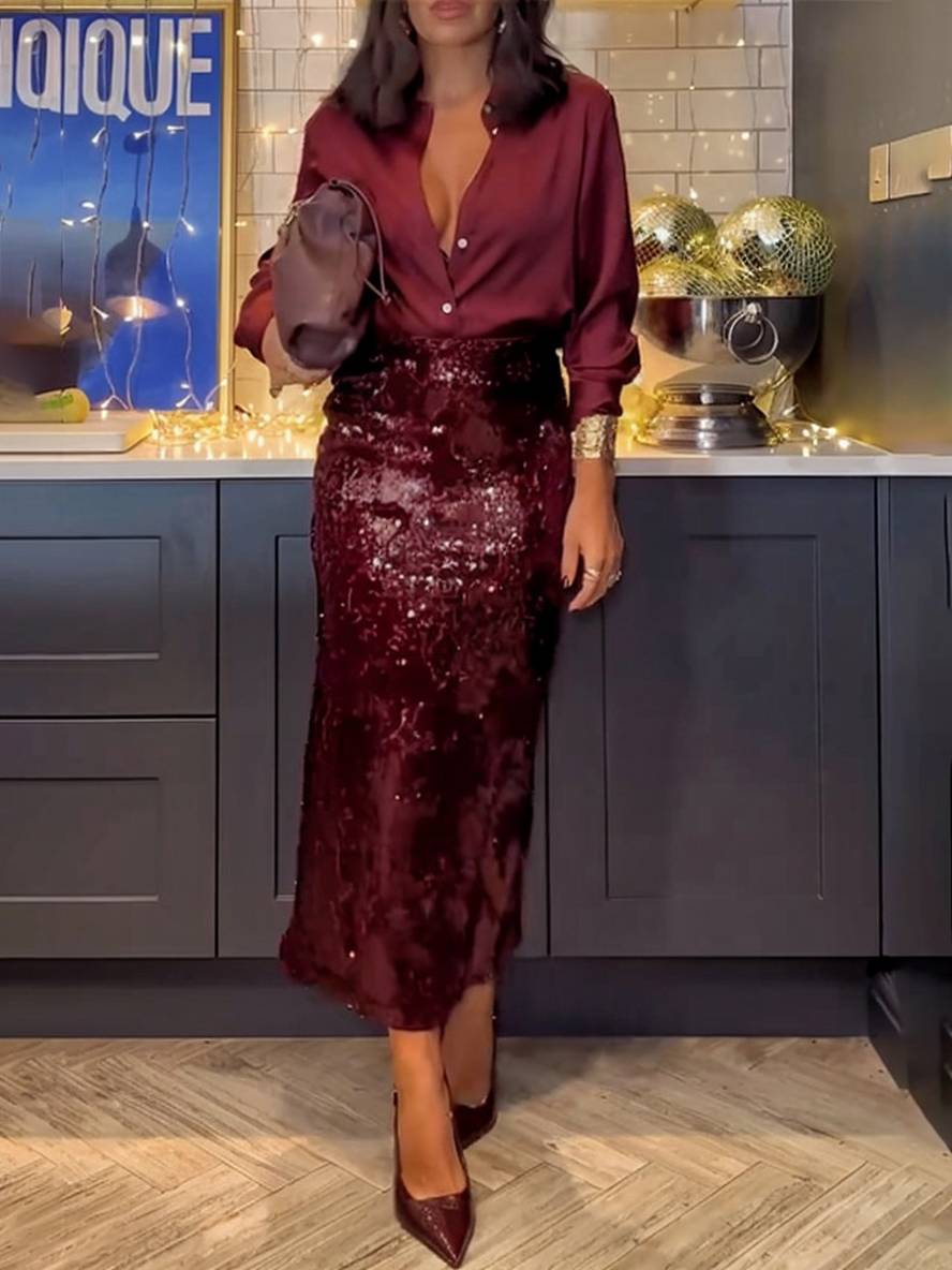 Levoire | Ensemble Avec Paillettes Brillantes Jupe Fendue Chemisier Boutonné Chemise À Manches Longues Femme Style Tailleur Deux Pièces