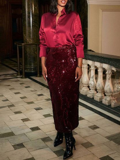 Levoire | Ensemble Avec Paillettes Brillantes Jupe Fendue Chemisier Boutonné Chemise À Manches Longues Femme Style Tailleur Deux Pièces