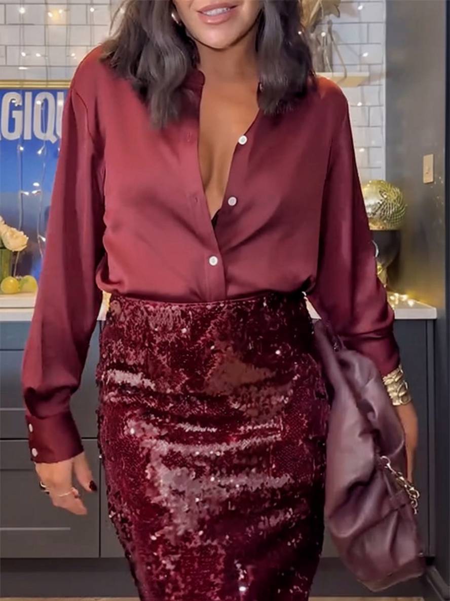 Levoire | Ensemble Avec Paillettes Brillantes Jupe Fendue Chemisier Boutonné Chemise À Manches Longues Femme Style Tailleur Deux Pièces