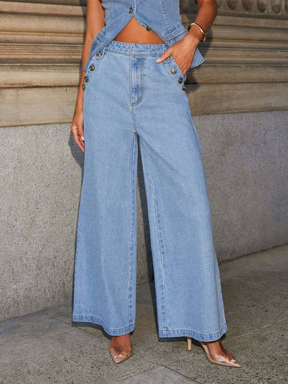 Levoire | Ensembles Avec Une Coupe De Pantalon En Jean Flared-Hosen Haut Sans Manches À Col Rond Femme Vintage Casual Deux Pièces