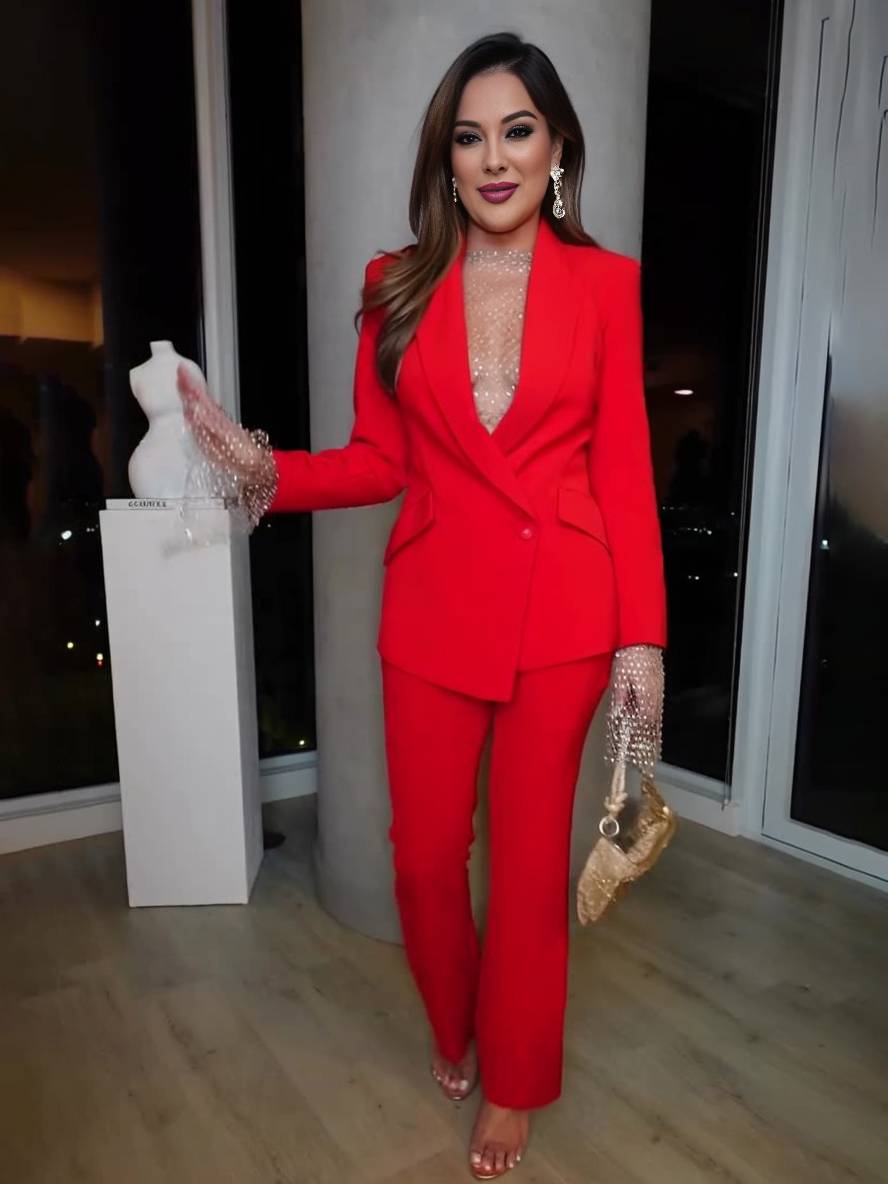 Levoire | Ensemble Blazer Avec Poches De Bureau Droites À Manches Longues Femmes Élégant Décontracté Deux Pièces Rot