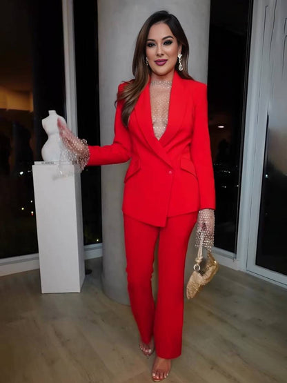 Levoire | Ensemble Blazer Avec Poches De Bureau Droites À Manches Longues Femmes Élégant Décontracté Deux Pièces Rot