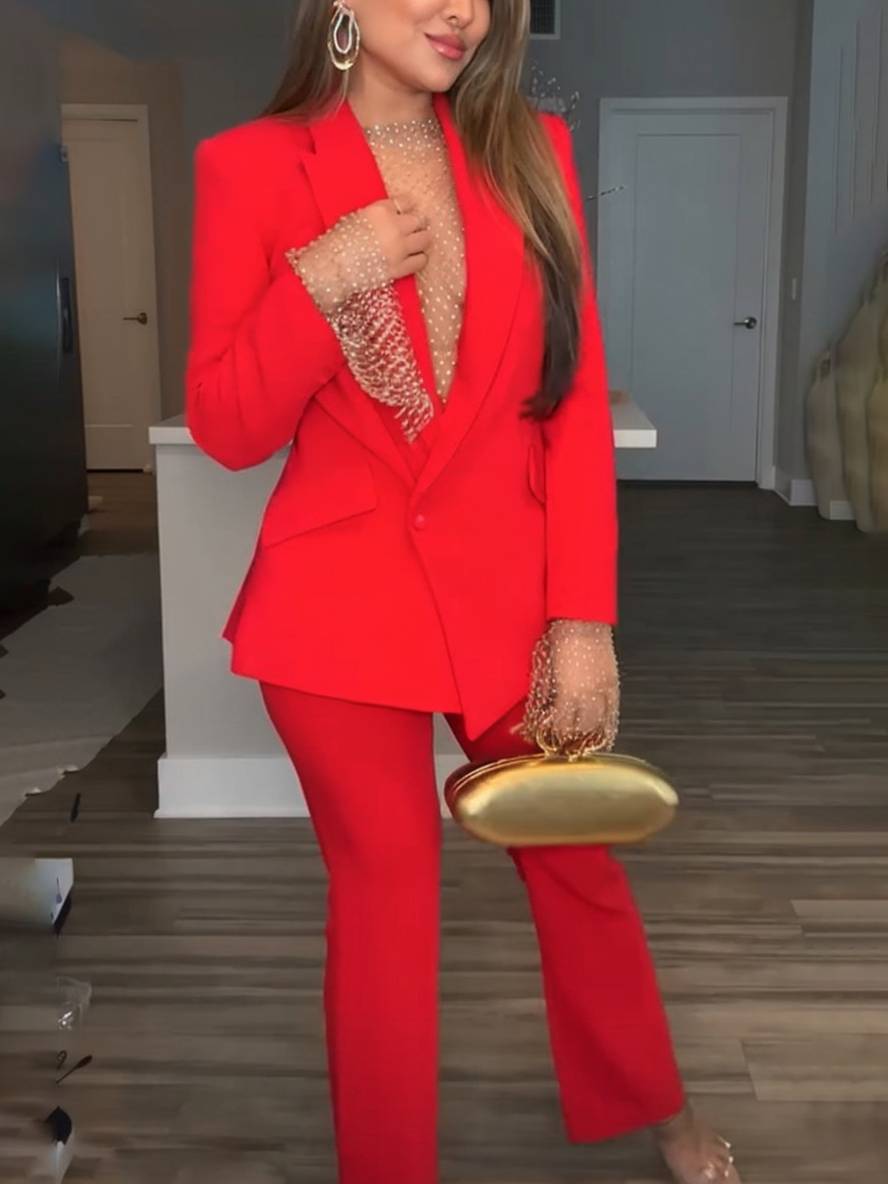 Levoire | Ensemble Blazer Avec Poches De Bureau Droites À Manches Longues Femmes Élégant Décontracté Deux Pièces