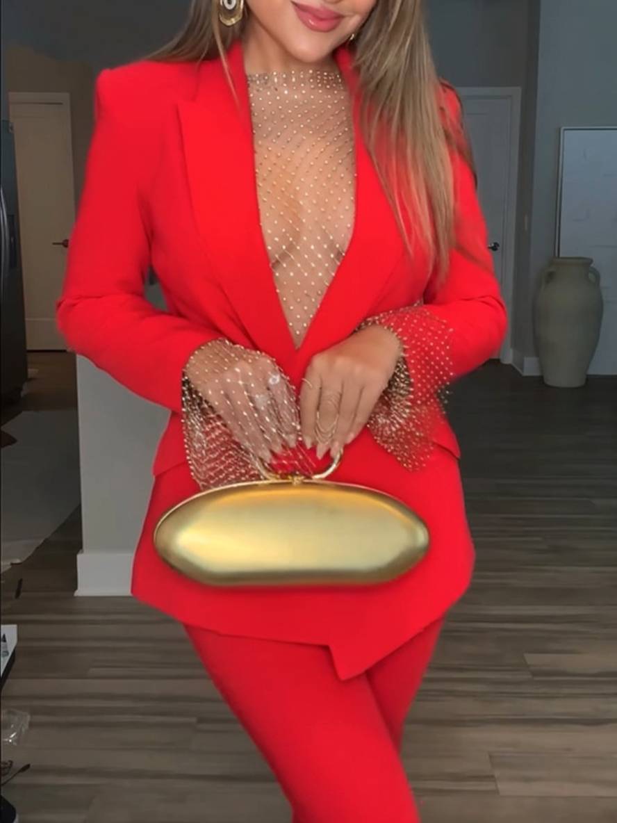 Levoire | Ensemble Blazer Avec Poches De Bureau Droites À Manches Longues Femmes Élégant Décontracté Deux Pièces