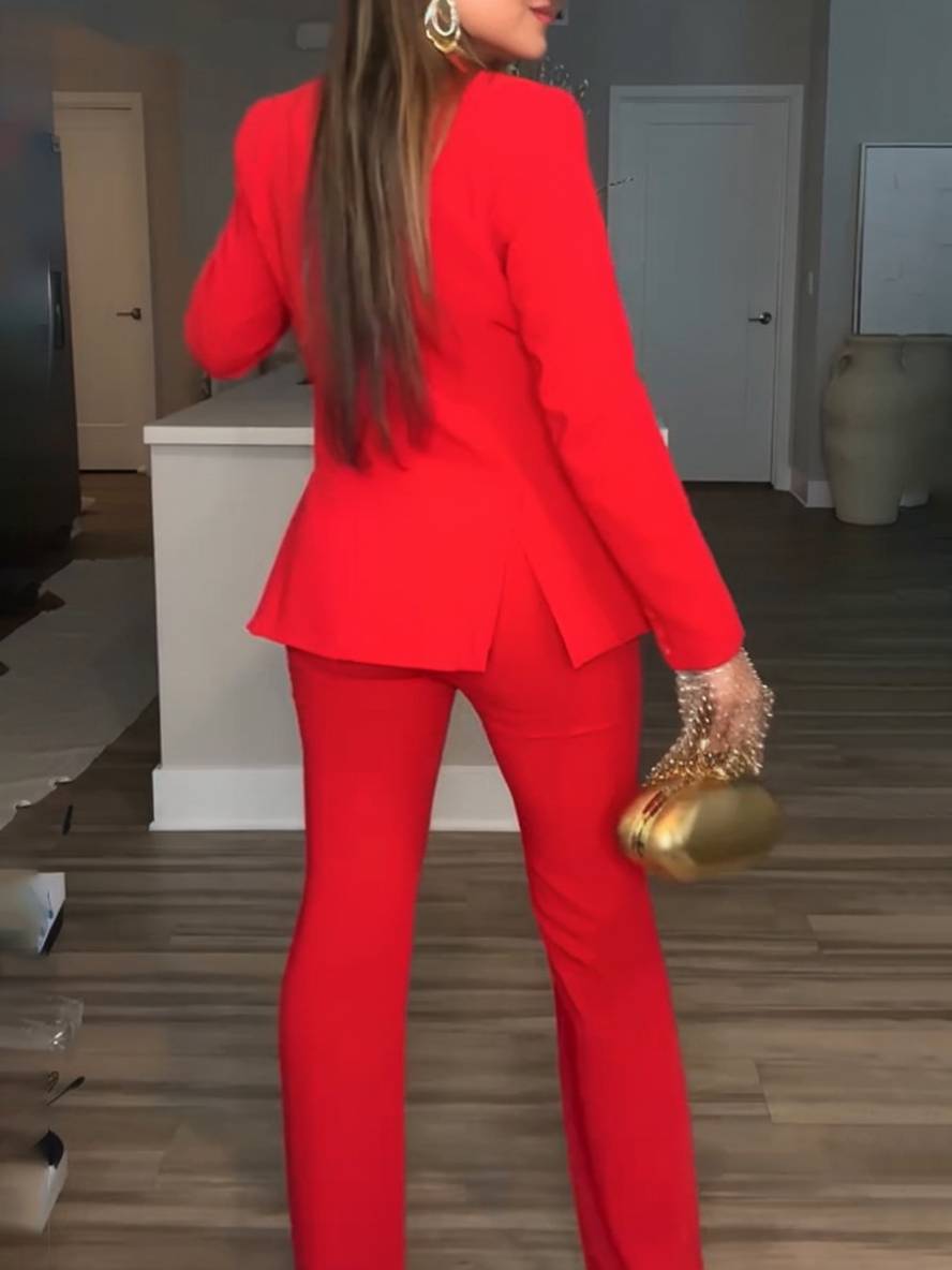 Levoire | Ensemble Blazer Avec Poches De Bureau Droites À Manches Longues Femmes Élégant Décontracté Deux Pièces