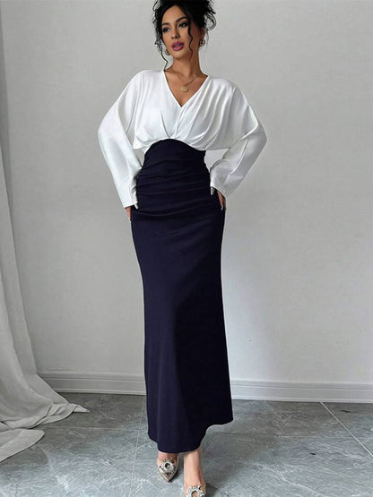 Levoire | Robe De Bureau À Col En V Ajustée À La Silhouette À Manches Longues Style Décontracté Deux Pièces Noir