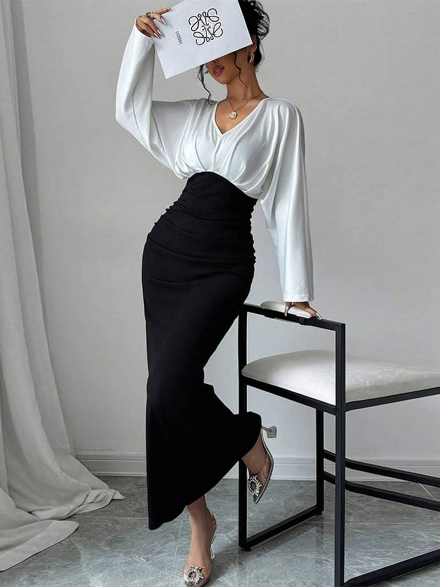 Levoire | Robe De Bureau À Col En V Ajustée À La Silhouette À Manches Longues Style Décontracté Deux Pièces