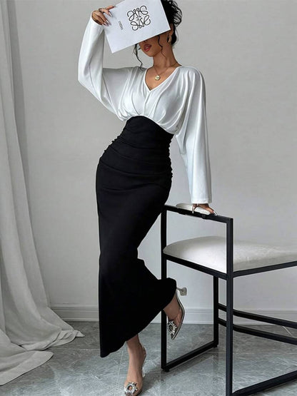 Levoire | Robe De Bureau À Col En V Ajustée À La Silhouette À Manches Longues Style Décontracté Deux Pièces