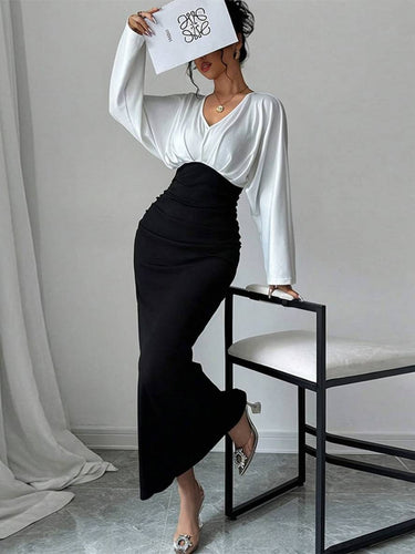 Levoire | Robe De Bureau À Col En V Ajustée À La Silhouette À Manches Longues Style Décontracté Deux Pièces