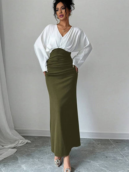 Levoire | Robe De Bureau À Col En V Ajustée À La Silhouette À Manches Longues Style Décontracté Deux Pièces Olive