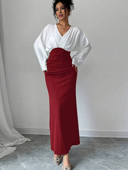 Levoire | Robe De Bureau À Col En V Ajustée À La Silhouette À Manches Longues Style Décontracté Deux Pièces Rot