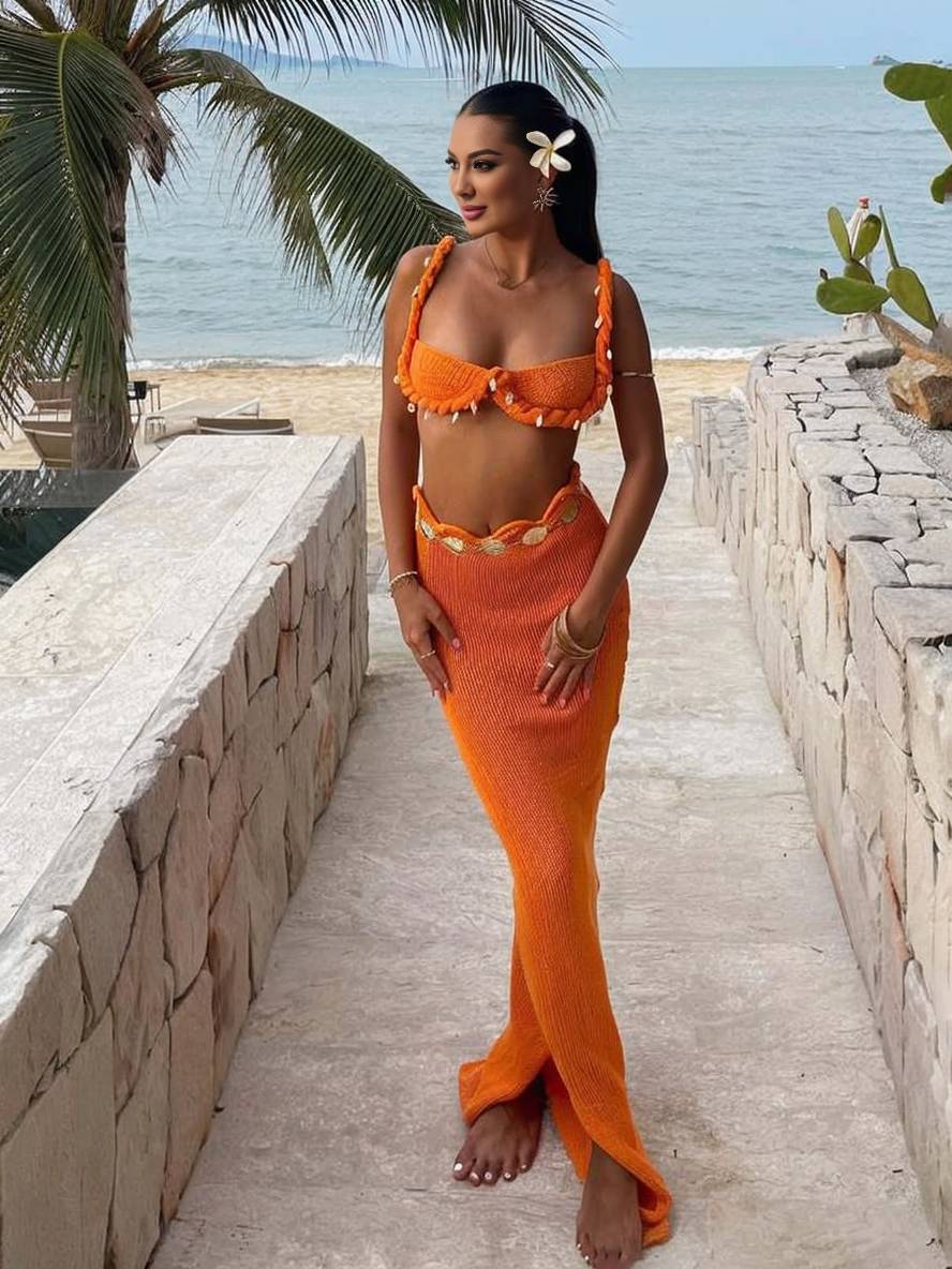 Levoire | Ensemble Deux Pièces Maillot De Bain Femme Coquillages Fendu Hawaïen Tenue De Plage Casual Orange