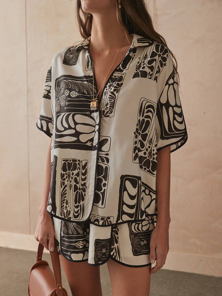 Levoire | Ensemble Chemise Boutonnée Imprimée Fleurs Col Manches Courtes Femme Décontractée Lâche Loisirs Deux Pièces Noir
