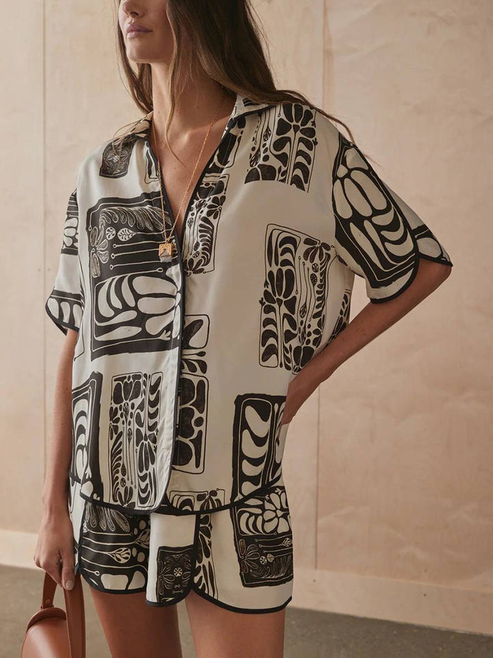 Levoire | Ensemble Chemise Boutonnée Imprimée Fleurs Col Manches Courtes Femme Décontractée Lâche Loisirs Deux Pièces