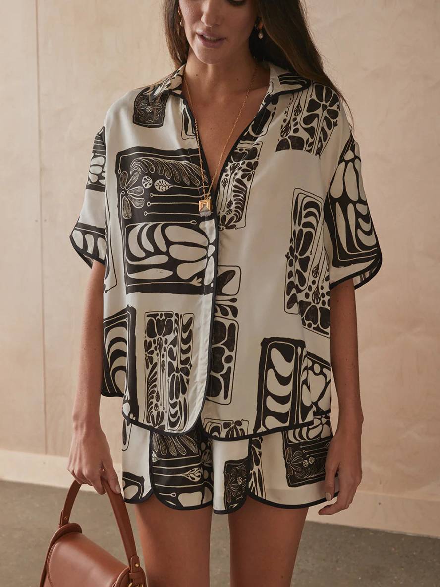 Levoire | Ensemble Chemise Boutonnée Imprimée Fleurs Col Manches Courtes Femme Décontractée Lâche Loisirs Deux Pièces