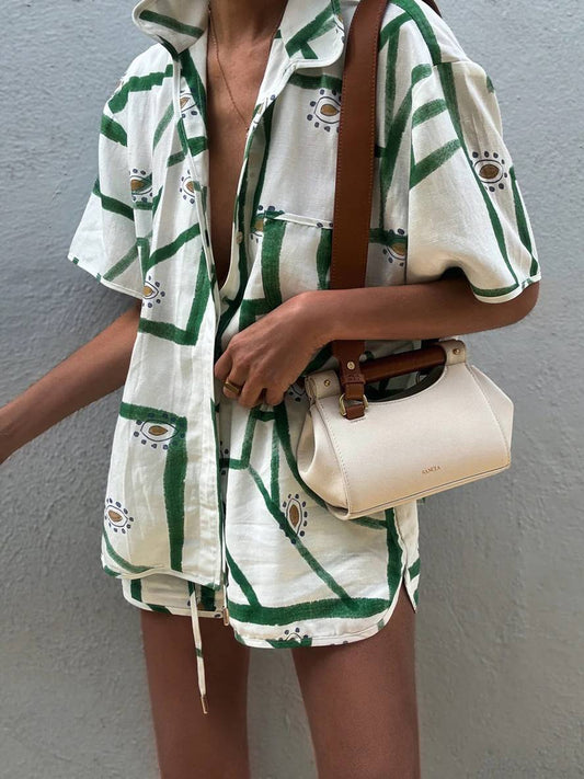 Levoire | Ensemble Chemise Boutonnée Imprimée Fleurs Col Manches Courtes Femme Décontractée Lâche Loisirs Deux Pièces