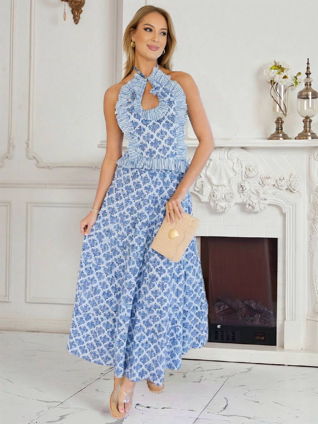 Levoire | Ensembles Avec Impression À Volants Chemisier Dos Nu Sans Manches Doux Élégant Vintage Robe Bleu