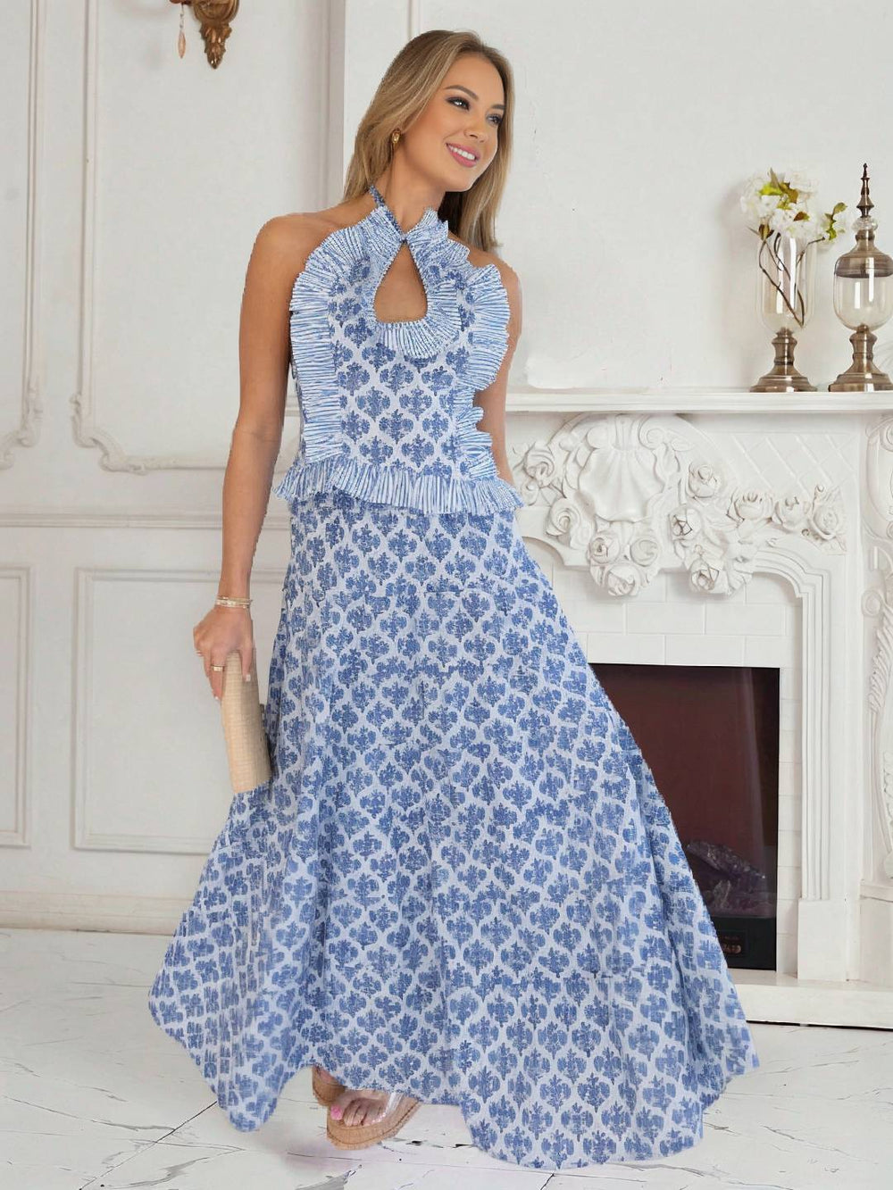 Levoire | Ensembles Avec Impression À Volants Chemisier Dos Nu Sans Manches Doux Élégant Vintage Robe