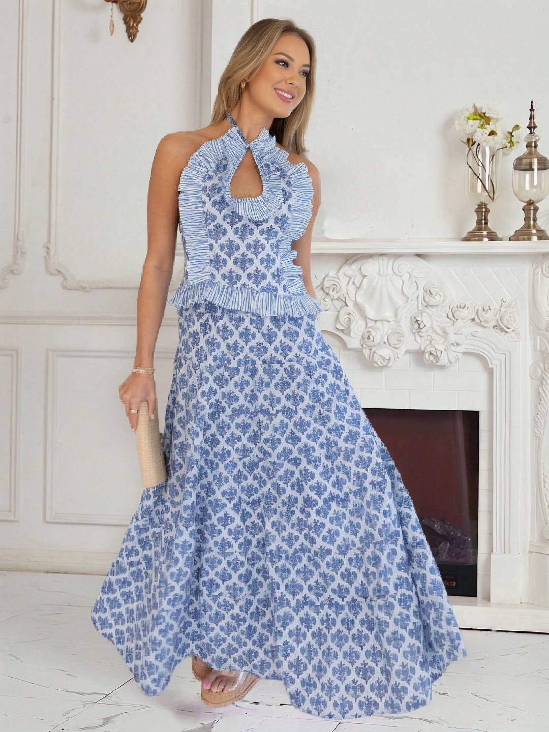 Levoire | Ensembles Avec Impression À Volants Chemisier Dos Nu Sans Manches Doux Élégant Vintage Robe