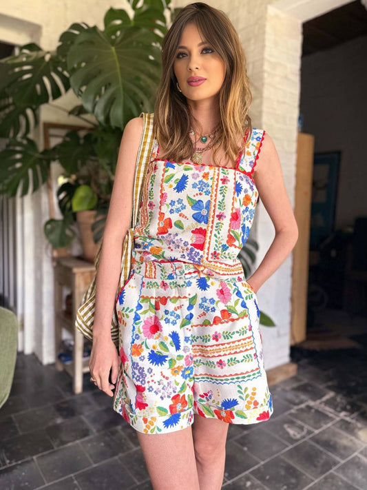 Levoire | Ensemble Deux Pièces Vintage Imprimé Pour Femmes De Vacances Haut Sans Bretelles Et Avec Poches Style De Vacances Shorts