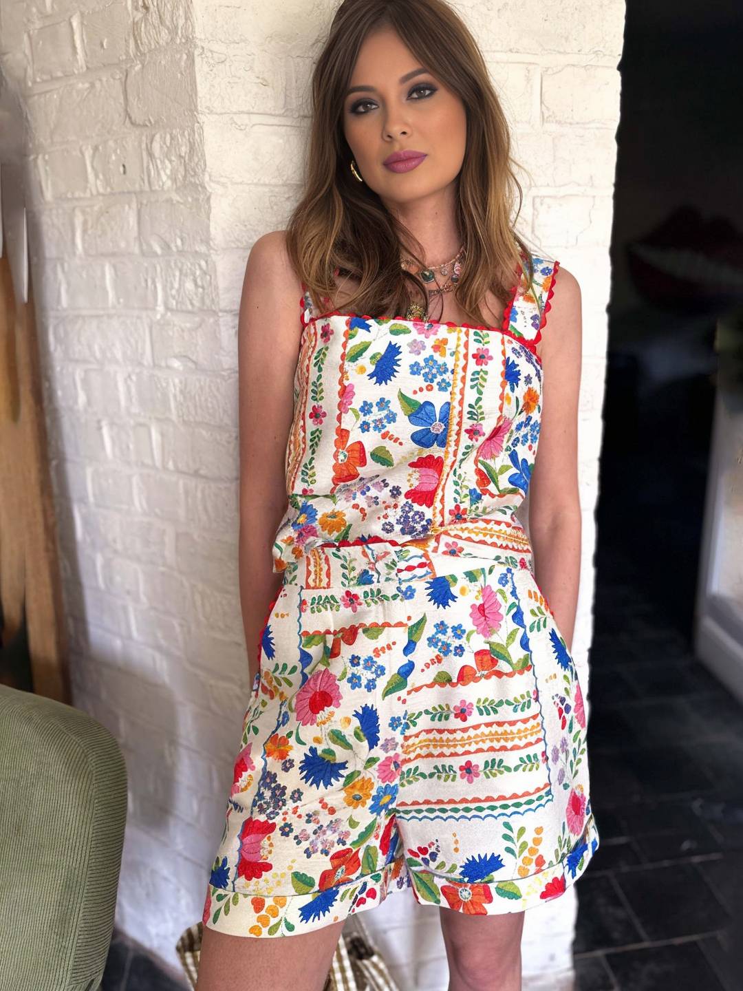 Levoire | Ensemble Deux Pièces Vintage Imprimé Pour Femmes De Vacances Haut Sans Bretelles Et Avec Poches Style De Vacances Shorts