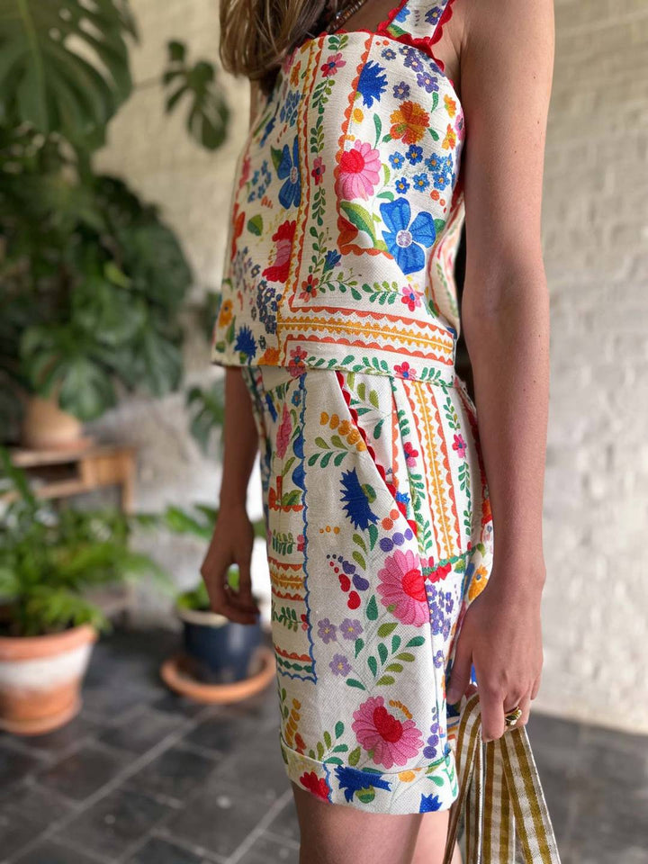 Levoire | Ensemble Deux Pièces Vintage Imprimé Pour Femmes De Vacances Haut Sans Bretelles Et Avec Poches Style De Vacances Shorts