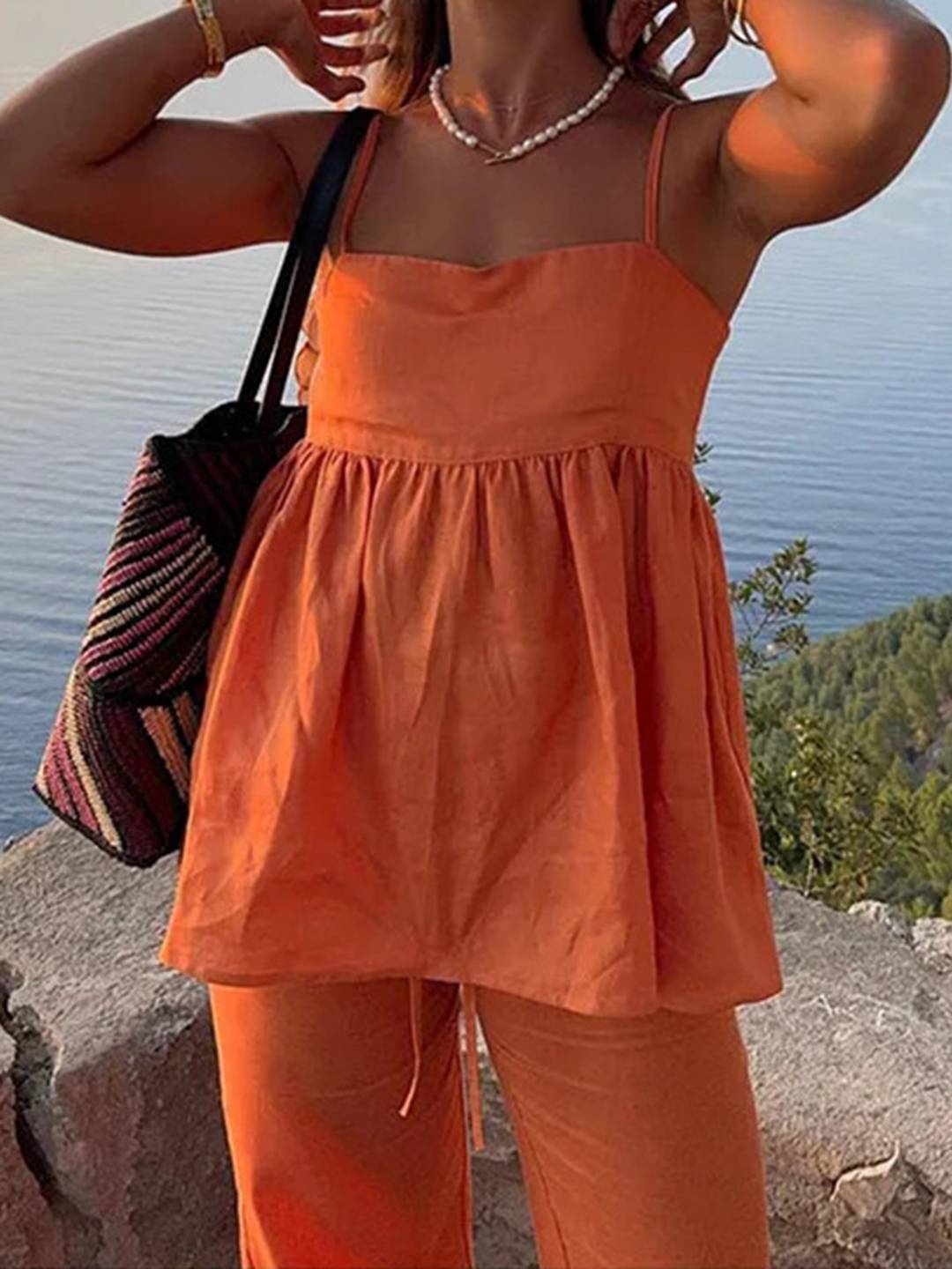 Levoire | Ensemble Femme Pour Les Vacances Top À Volants Sans Manches Et Pantalon De Plage Ample