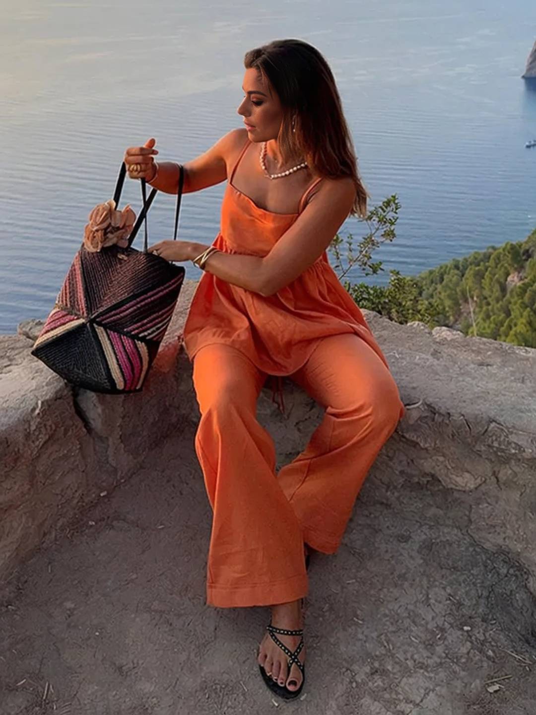 Levoire | Ensemble Femme Pour Les Vacances Top À Volants Sans Manches Et Pantalon De Plage Ample