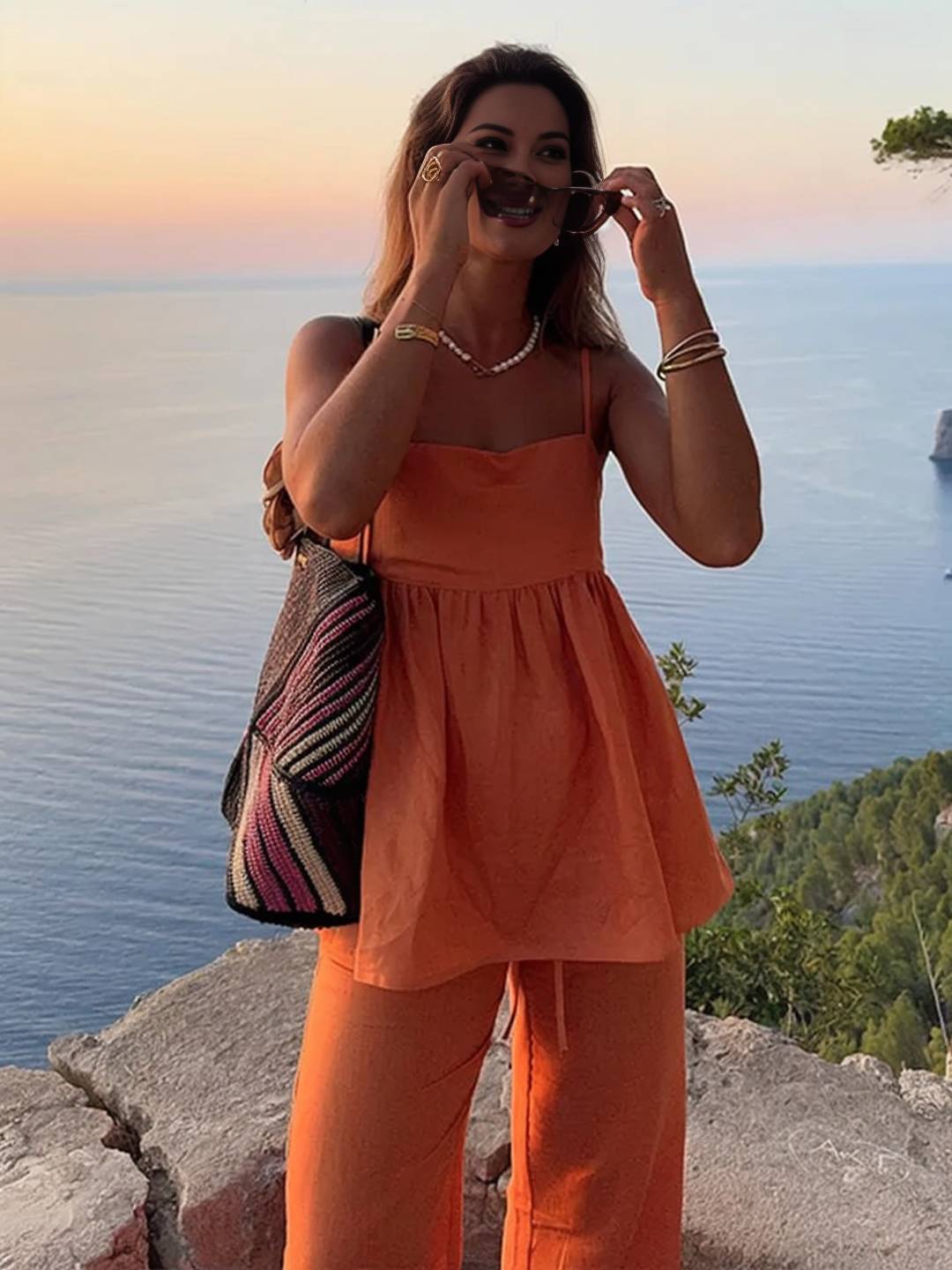 Levoire | Ensemble Femme Pour Les Vacances Top À Volants Sans Manches Et Pantalon De Plage Ample