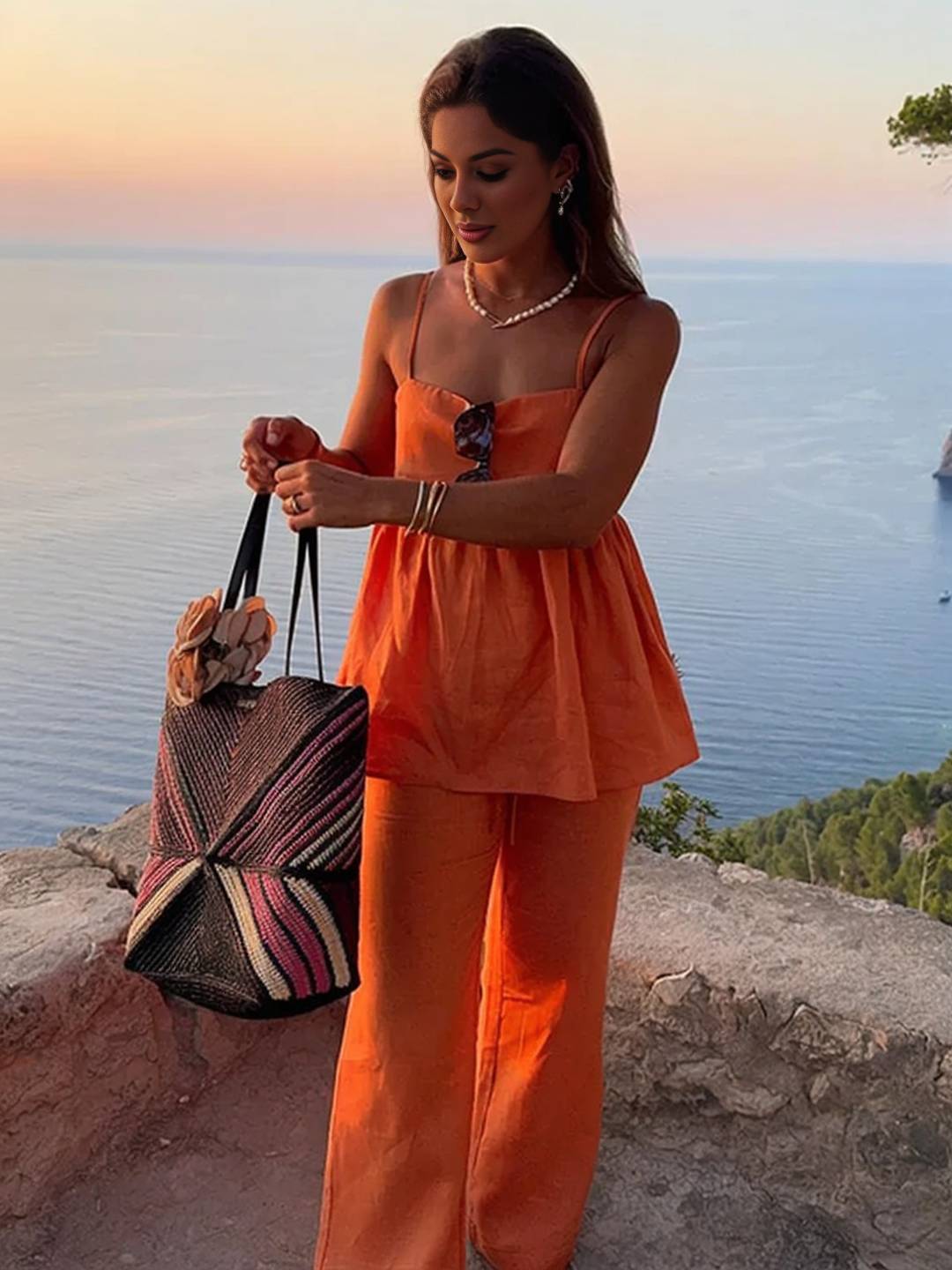 Levoire | Ensemble Femme Pour Les Vacances Top À Volants Sans Manches Et Pantalon De Plage Ample