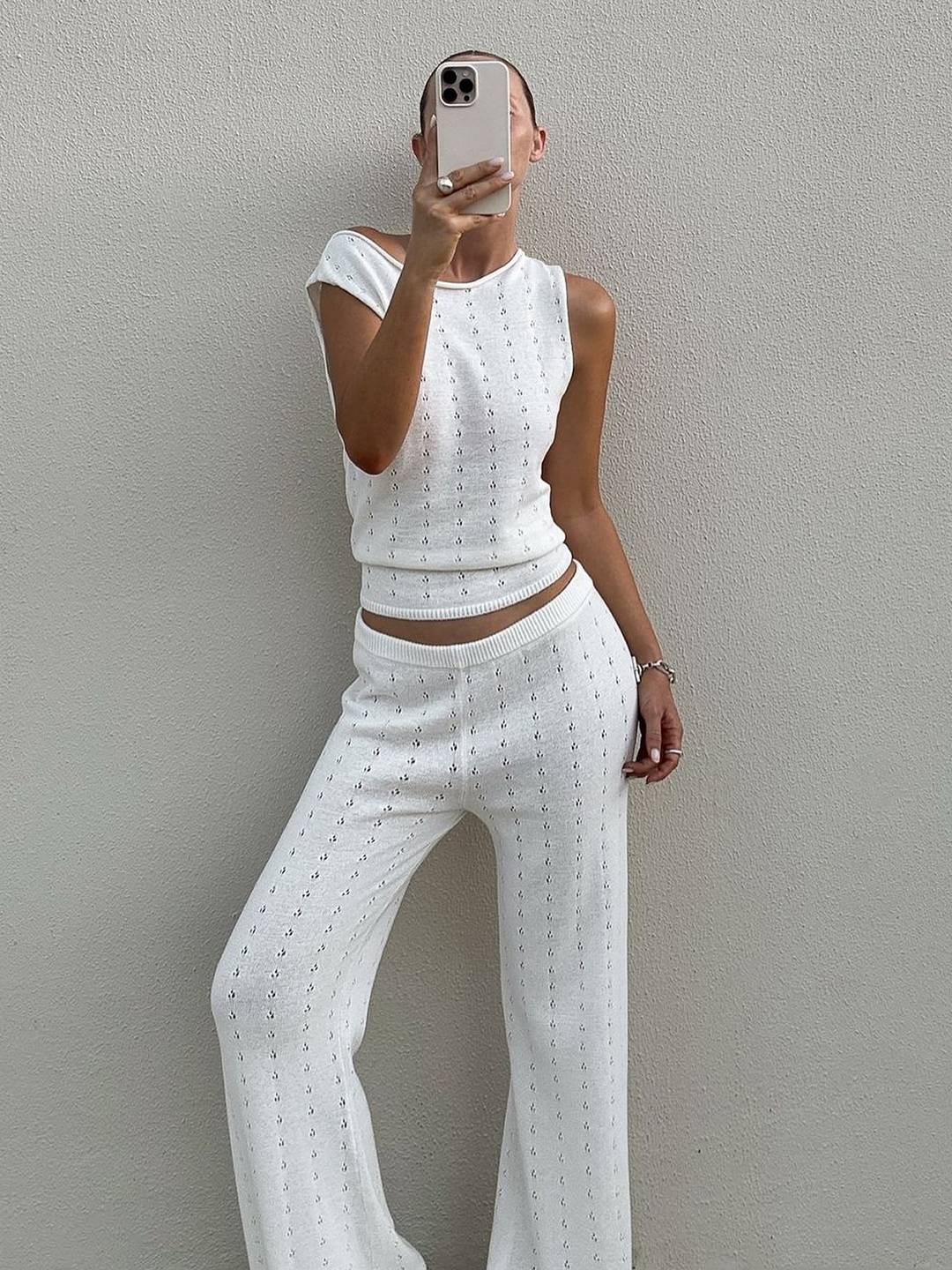 Levoire | Ajouré Ensembles Tricot Avec Haut Sans Manches À Une Seule Épaule Et Pantalons À Coupe Large Pour Mode De Plage Décontractée Bohème Dames