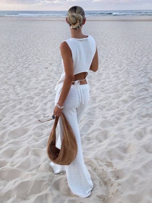Levoire | Ajouré Ensembles Tricot Avec Haut Sans Manches À Une Seule Épaule Et Pantalons À Coupe Large Pour Mode De Plage Décontractée Bohème Dames