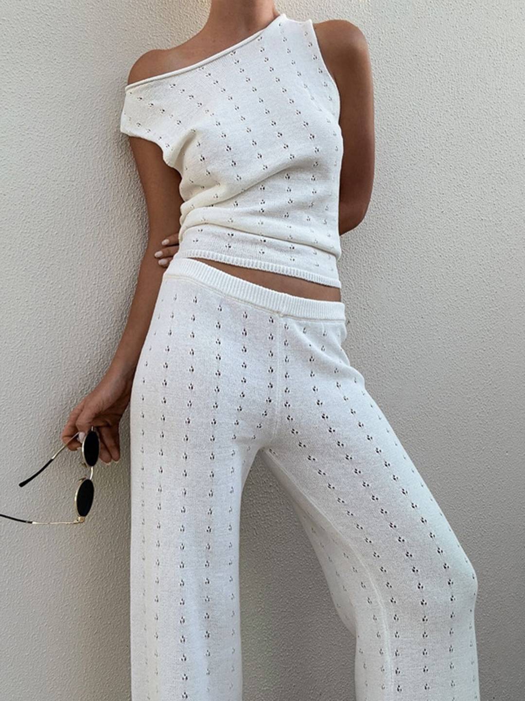 Levoire | Ajouré Ensembles Tricot Avec Haut Sans Manches À Une Seule Épaule Et Pantalons À Coupe Large Pour Mode De Plage Décontractée Bohème Dames