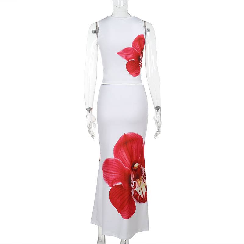 Levoire | Robe D'Été Florale Ensemble Col Rond Raccourci Top Sans Manches Et Jupe Longue Femme Décontracté Vintage Plage
