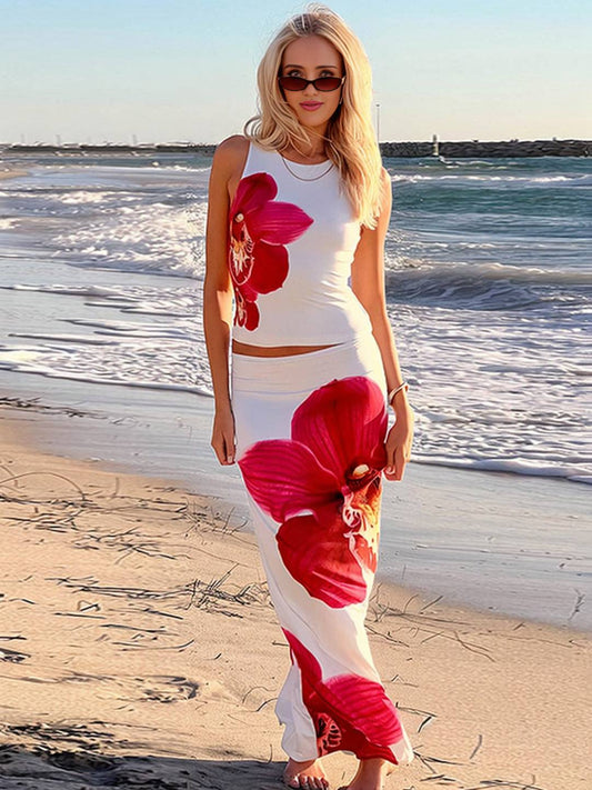 Levoire | Robe D'Été Florale Ensemble Col Rond Raccourci Top Sans Manches Et Jupe Longue Femme Décontracté Vintage Plage