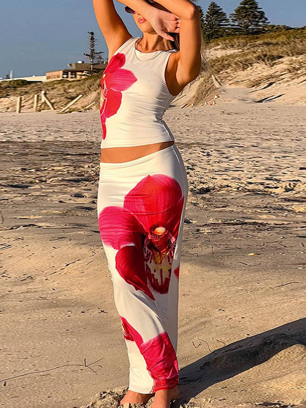 Levoire | Robe D'Été Florale Ensemble Col Rond Raccourci Top Sans Manches Et Jupe Longue Femme Décontracté Vintage Plage
