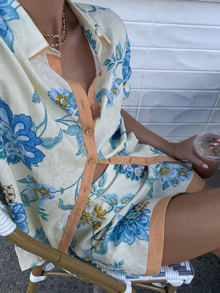 Levoire | Ensemble De Tenue Avec Robe À Fleurs Imprimée, Chemise À Boutons, Manches Courtes, Chemise Décontractée Pour Femmes, Bleu, Jaune