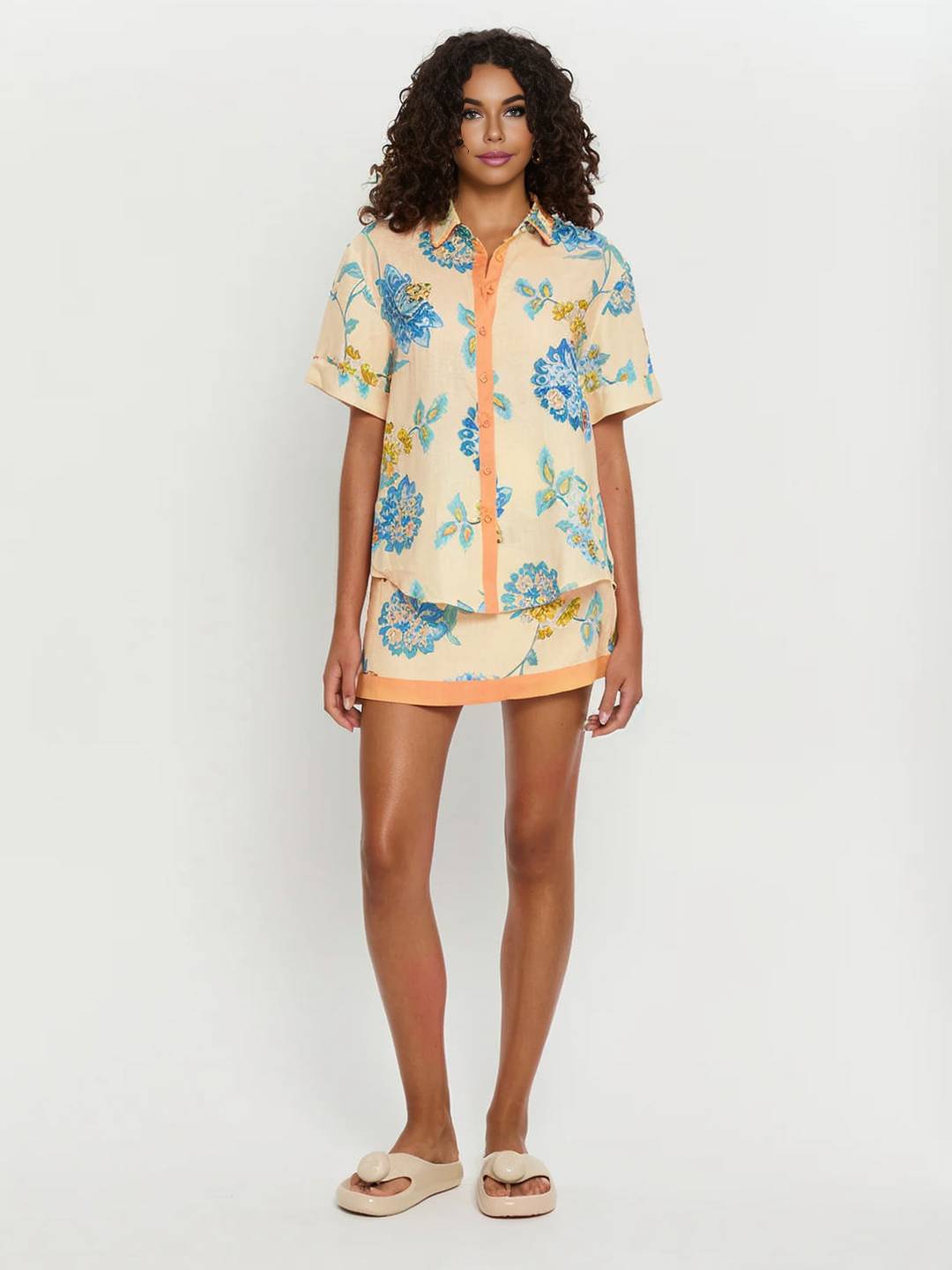 Levoire | Ensemble De Tenue Avec Robe À Fleurs Imprimée, Chemise À Boutons, Manches Courtes, Chemise Décontractée Pour Femmes, Bleu, Jaune